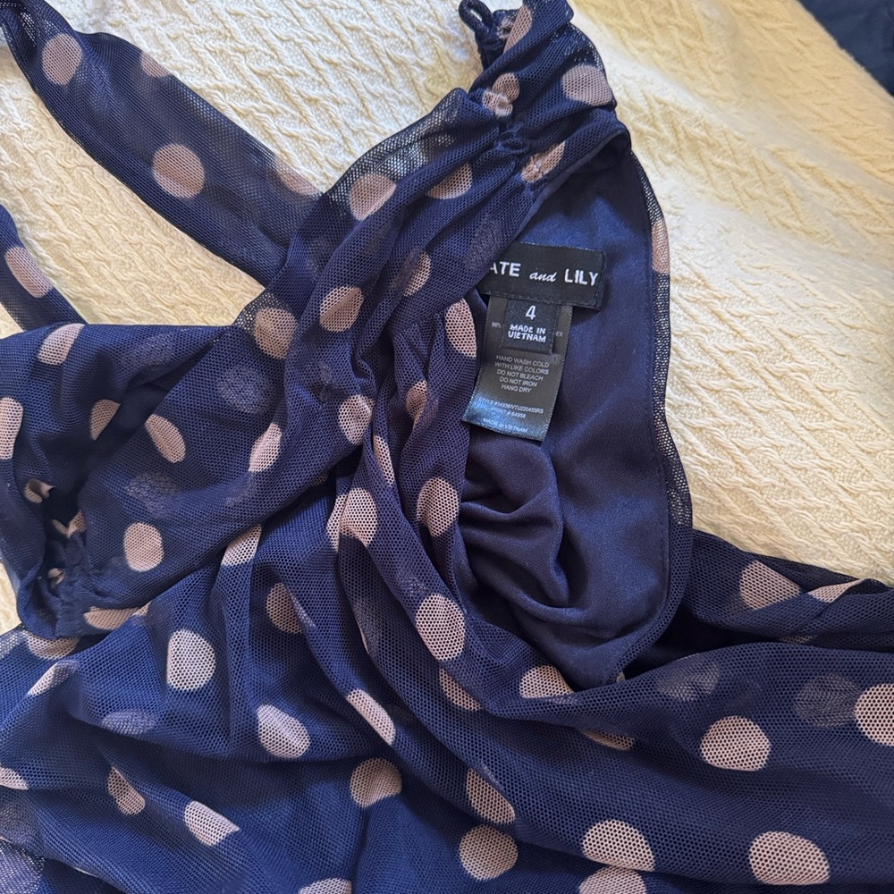 Kate and Lily Navy/Beige Polka Dot Halter neck Maxi Dress with Tie Waist size 4 - Picture 4 of 5